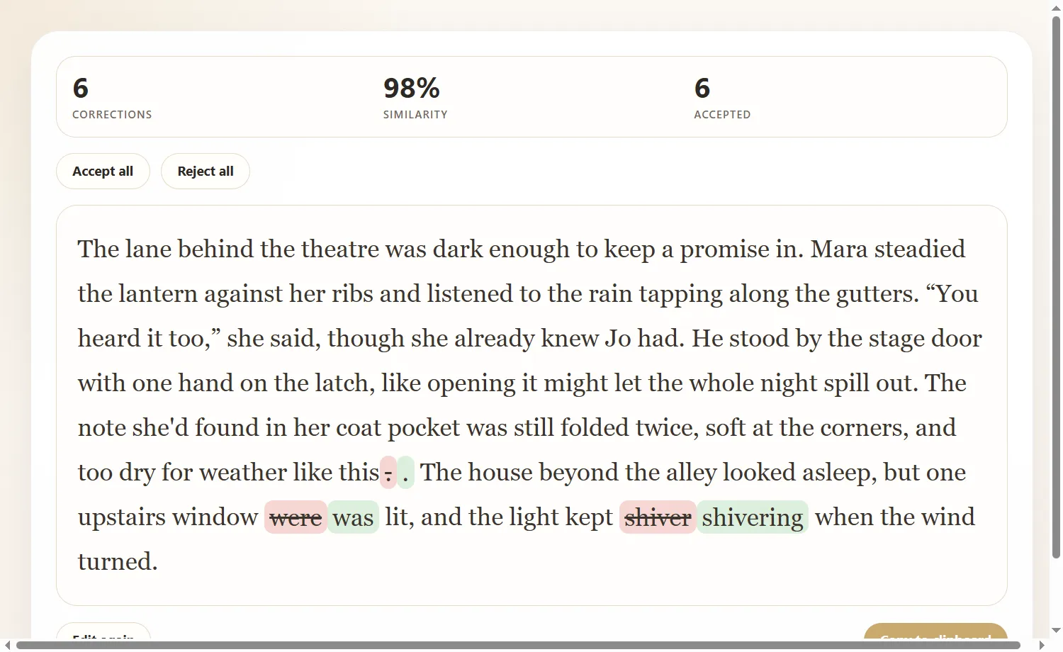Dainty diff view showing fiction corrections highlighted in context before copying the final text.
