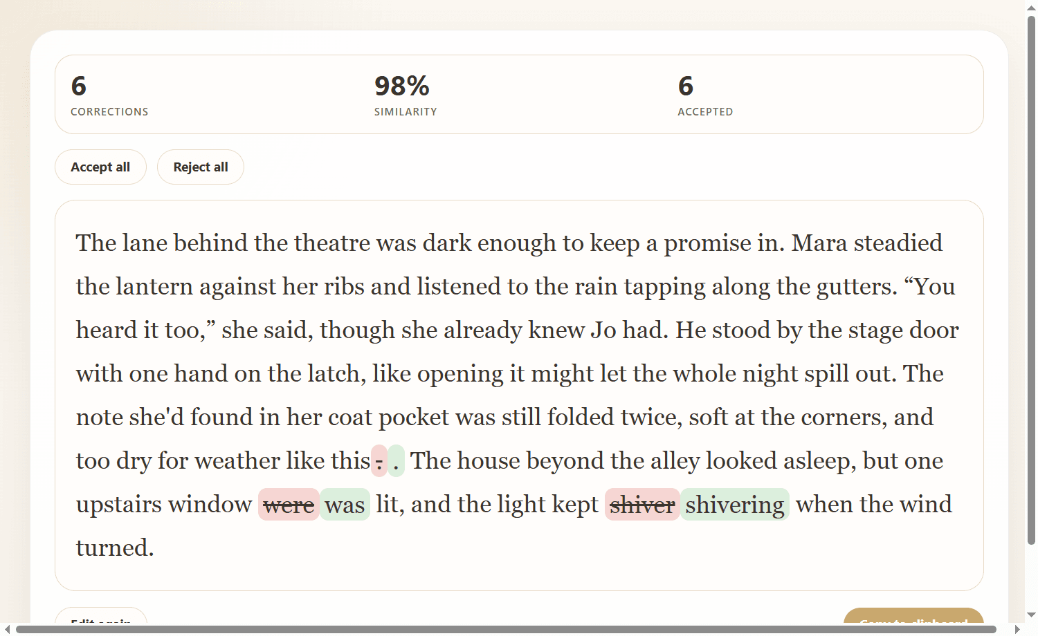 Dainty diff view showing fiction corrections highlighted in context before copying the final text.